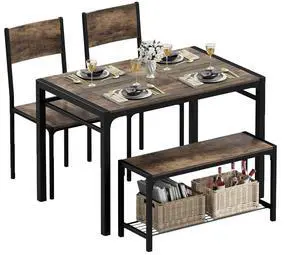 43.3" Dining Table Set for 4, Kitchen Table with Bench & 2 Chairs Modern Rectangular Metal Frame Dining Furniture Set for Small Space (Rustic Brown) 43.3" Dining Table Set for 4, Kitchen Table with Bench & 2 Chairs Modern Rectangular Metal Frame Dining Furniture Set for Small Space (Rustic Brown)