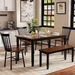 Solid Wood 6 Piece Dining Table Set, Modern 58"/W Kitchen Table Set for 6 with 4 Windsor Chairs & 1 Bench, Kitchen & Dining Room Sets for Kitchen, Restaurant (Brown & Black) Solid Wood 6 Piece Dining Table Set, Modern 58"/W Kitchen Table Set for 6 with 4 Windsor Chairs & 1 Bench, Kitchen & Dining Room Sets for Kitchen, Restaurant (Brown & Black)