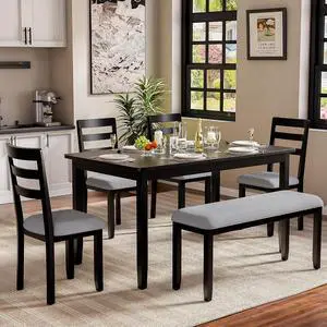 Solid Wood 6 Piece Dining Table Set, Modern 58"/W Kitchen Table Set for 6 with 4 Upholstered Chairs & 1 Bench, Kitchen & Dining Room Sets for Kitchen, Restaurant (Black & Grey) Solid Wood 6 Piece Dining Table Set, Modern 58"/W Kitchen Table Set for 6 with 4 Upholstered Chairs & 1 Bench, Kitchen & Dining Room Sets for Kitchen, Restaurant (Black & Grey)