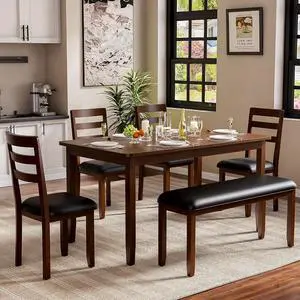 Solid Wood 6 Piece Dining Table Set, Modern 58"/W Kitchen Table Set for 6 with 4 Upholstered Chairs & 1 Bench, Kitchen & Dining Room Sets for Kitchen, Restaurant (Black & Brown) Solid Wood 6 Piece Dining Table Set, Modern 58"/W Kitchen Table Set for 6 with 4 Upholstered Chairs & 1 Bench, Kitchen & Dining Room Sets for Kitchen, Restaurant (Black & Brown)