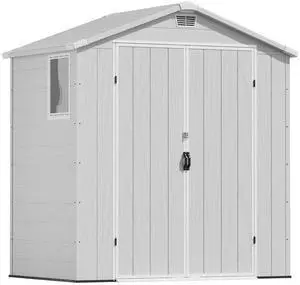 6x4 FT Plastic Storage Shed, Waterproof Tool Storage Shed with Lockable Door and Window for Patio, Garden, Backyard, Light Gray 6x4 FT Plastic Storage Shed, Waterproof Tool Storage Shed with Lockable Door and Window for Patio, Garden, Backyard, Light Gray