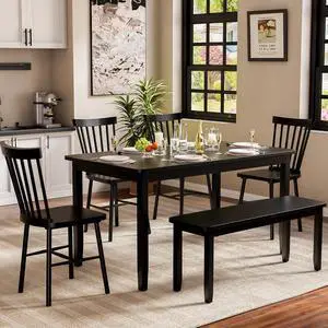 Solid Wood 6 Piece Dining Table Set, Modern 58"/W Kitchen Table Set for 6 with 4 Windsor Chairs & 1 Bench, Kitchen & Dining Room Sets for Kitchen, Restaurant (Black) Solid Wood 6 Piece Dining Table Set, Modern 58"/W Kitchen Table Set for 6 with 4 Windsor Chairs & 1 Bench, Kitchen & Dining Room Sets for Kitchen, Restaurant (Black)