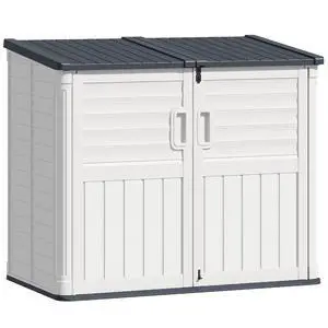 34 Cu Ft Resin Storage Shed, Waterproof Outdoor Storage Cabinet with Sloping Roof & Lockable Lid for Garden Tools, Trash Cans (Beige) 34 Cu Ft Resin Storage Shed, Waterproof Outdoor Storage Cabinet with Sloping Roof & Lockable Lid for Garden Tools, Trash Cans (Beige)