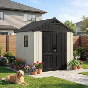 Plastic Outdoor Storage Shed with Floor, 8 x 6 FT Resin Tool Garden Shed with DIY Window and Lockable Door, Outside Kick-it Shed for Patio,Garden, Backyard, Lawn, Beige Plastic Outdoor Storage Shed with Floor, 8 x 6 FT Resin Tool Garden Shed with DIY Window and Lockable Door, Outside Kick-it Shed for Patio,Garden, Backyard, Lawn, Beige