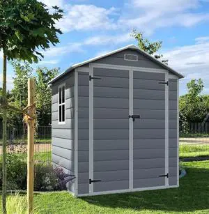 6x4 FT Plastic Outdoor Storage Shed with Lockable Door, Outside Tool Shed with Floor for Backyard, Patio, Lawn, Light Grey 6x4 FT Plastic Outdoor Storage Shed with Lockable Door, Outside Tool Shed with Floor for Backyard, Patio, Lawn, Light Grey
