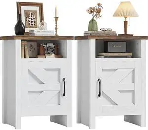 Farmhouse Nightstand, Modern Bedside Table with Barn Door and Shelf, Rustic End Table Side Table for Bedroom, Living Room(2, Rustic & White) Farmhouse Nightstand, Modern Bedside Table with Barn Door and Shelf, Rustic End Table Side Table for Bedroom, Living Room(2, Rustic & White)