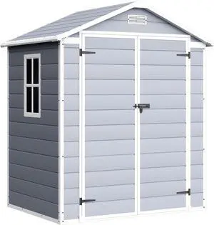 6 x 4 FT Plastic Outdoor Storage Shed with Floor, Resin Garden Shed with Window, Outside Waterproof Tool Shed with Lockable Door for Backyard, Patio, Poolside, Light Grey 6 x 4 FT Plastic Outdoor Storage Shed with Floor, Resin Garden Shed with Window, Outside Waterproof Tool Shed with Lockable Door for Backyard, Patio, Poolside, Light Grey