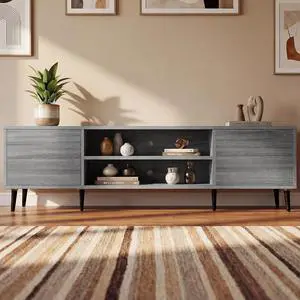 Mid-Century Modern TV Stand for 65-70 Inch TVs, 63 Inch Media Console with Storage, Entertainment Center with Push-Open Cabinets and Cable Management for Living Room (Grey, 63 Inches) Mid-Century Modern TV Stand for 65-70 Inch TVs, 63 Inch Media Console with Storage, Entertainment Center with Push-Open Cabinets and Cable Management for Living Room (Grey, 63 Inches)