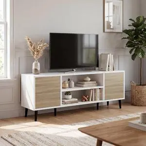 Mid-Century Modern TV Stand for 43-55 Inch TVs, 50 Inch Media Console with Storage, Entertainment Center with Push-Open Cabinets and Cable Management for Living Room (Oak, 50 Inches) Mid-Century Modern TV Stand for 43-55 Inch TVs, 50 Inch Media Console with Storage, Entertainment Center with Push-Open Cabinets and Cable Management for Living Room (Oak, 50 Inches)