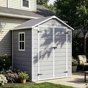 6 x 4 FT Resin Outdoor Storage Shed with Floor, Plastic Tool Shed with Windows, All-Weather Garden Shed with Lockable Door for Patio, Backyard, Poolside, Light Grey 6 x 4 FT Resin Outdoor Storage Shed with Floor, Plastic Tool Shed with Windows, All-Weather Garden Shed with Lockable Door for Patio, Backyard, Poolside, Light Grey