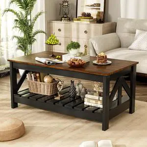 39 Farmhouse Coffee Table for Living Room, 2-Tier Modern Living Room Table with Storage Shelf, Rustic Rectangular Center Table Space Saving Home Furniture (Rustic Brown & Black) 39 Farmhouse Coffee Table for Living Room, 2-Tier Modern Living Room Table with Storage Shelf, Rustic Rectangular Center Table Space Saving Home Furniture (Rustic Brown & Black)