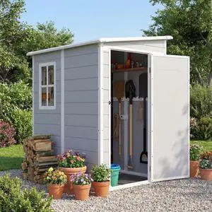 5 x 4 FT Resin Outdoor Storage Shed with Floor, Plastic Tool Shed with Window, Outside Waterproof Garden Shed with Lockable Door for Patio, Lawn, Backyard, Poolside, Light Grey 5 x 4 FT Resin Outdoor Storage Shed with Floor, Plastic Tool Shed with Window, Outside Waterproof Garden Shed with Lockable Door for Patio, Lawn, Backyard, Poolside, Light Grey