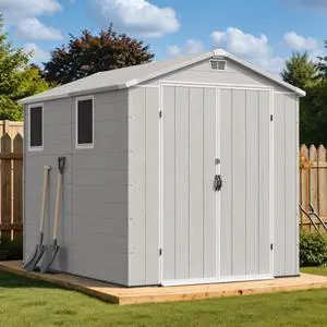 6x8 FT Plastic Storage Shed, Waterproof Tool Storage Shed with Lockable Door and Window for Patio, Garden, Backyard, Light Gray 6x8 FT Plastic Storage Shed, Waterproof Tool Storage Shed with Lockable Door and Window for Patio, Garden, Backyard, Light Gray