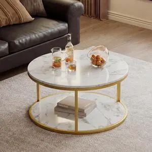 36" Coffee Tables with Storage, 2-Tier Round Coffee Table, Center Table for Living Room, Furniture for Small Spaces, White Marble 36" Coffee Tables with Storage, 2-Tier Round Coffee Table, Center Table for Living Room, Furniture for Small Spaces, White Marble
