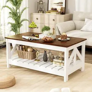 39 Farmhouse Coffee Table for Living Room, 2-Tier Modern Living Room Table with Storage Shelf, Rustic Rectangular Center Table Space Saving Home Furniture (Rustic Brown & White) 39 Farmhouse Coffee Table for Living Room, 2-Tier Modern Living Room Table with Storage Shelf, Rustic Rectangular Center Table Space Saving Home Furniture (Rustic Brown & White)