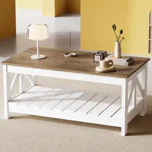 39 Farmhouse Coffee Table for Living Room, 2-Tier Modern Living Room Table with Storage Shelf, Rustic Rectangular Center Table Space Saving Home Furniture (Gray & White) 39 Farmhouse Coffee Table for Living Room, 2-Tier Modern Living Room Table with Storage Shelf, Rustic Rectangular Center Table Space Saving Home Furniture (Gray & White)
