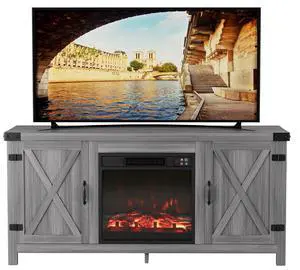 Fireplace TV Stand, Farmhouse Entertainment Center with Fireplace and Shelves, Double Barn Doors Storage Cabinets for TVs to 65+ Inch for Living Room (Grey) Fireplace TV Stand, Farmhouse Entertainment Center with Fireplace and Shelves, Double Barn Doors Storage Cabinets for TVs to 65+ Inch for Living Room (Grey)