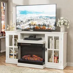 Fireplace TV Stand for TVs up to 65'', 3-Sided Glass Media Entertainment Center Console Table with Cabniet Storage Adjustable Flame LED Color for Living Room (Distressed White) Fireplace TV Stand for TVs up to 65'', 3-Sided Glass Media Entertainment Center Console Table with Cabniet Storage Adjustable Flame LED Color for Living Room (Distressed White)