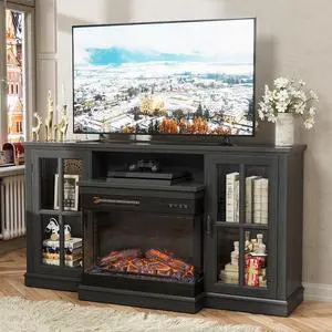 Fireplace TV Stand for TVs up to 65'', 3-Sided Glass Media Entertainment Center Console Table with Cabniet Storage Adjustable Flame LED Color for Living Room (Black) Fireplace TV Stand for TVs up to 65'', 3-Sided Glass Media Entertainment Center Console Table with Cabniet Storage Adjustable Flame LED Color for Living Room (Black)