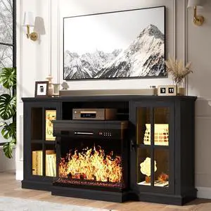 J Fireplace TV Stand, 65" Media Console with 3-Sided Glass & Color LED Lights, Entertainment Center with Storage Cabinet for Living Room (Black) J Fireplace TV Stand, 65" Media Console with 3-Sided Glass & Color LED Lights, Entertainment Center with Storage Cabinet for Living Room (Black)