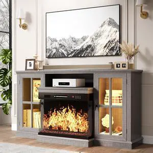 Fireplace TV Stand, 65" Media Console with 3-Sided Glass & Color LED Lights, Entertainment Center with Storage Cabinet for Living Room (Wash Grey) Fireplace TV Stand, 65" Media Console with 3-Sided Glass & Color LED Lights, Entertainment Center with Storage Cabinet for Living Room (Wash Grey)