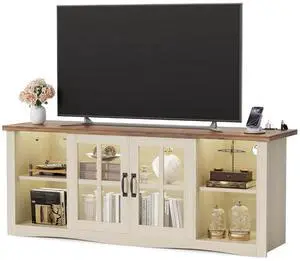 Farmhouse TV Stand, 58 Inch TV Stand for Living Room with Glass Doors, Fast Charge USB Hub & Adjustable LED Lights, Rustic TV Cabinet for TV up to 65 inch (Natural Oak) Farmhouse TV Stand, 58 Inch TV Stand for Living Room with Glass Doors, Fast Charge USB Hub & Adjustable LED Lights, Rustic TV Cabinet for TV up to 65 inch (Natural Oak)