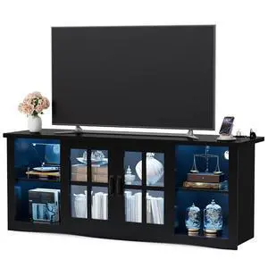 Farmhouse TV Stand, 58 Inch TV Stand for Living Room with Glass Doors, Fast Charge USB Hub & Adjustable LED Lights, Rustic TV Cabinet for TV up to 65 inch (Black) Farmhouse TV Stand, 58 Inch TV Stand for Living Room with Glass Doors, Fast Charge USB Hub & Adjustable LED Lights, Rustic TV Cabinet for TV up to 65 inch (Black)