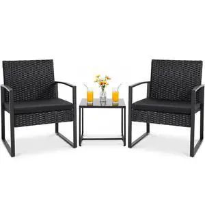 3 Pieces Outdoor Patio Wicker Furniture Set, Modern Rattan Chair Conversation Sets with Coffee Table for Yard and Bistro (Black) 3 Pieces Outdoor Patio Wicker Furniture Set, Modern Rattan Chair Conversation Sets with Coffee Table for Yard and Bistro (Black)