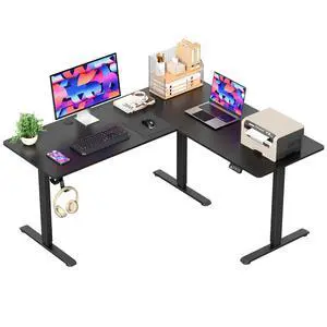 63 x 55 Inch L Shaped Standing Desk with 2 Preset Heights, Electric Height Adjustable Computer Table, 2 Hooks & Feet Balance, Corner Sit Stand Desk for Home Office (Black, 63 x 55 Inch) 63 x 55 Inch L Shaped Standing Desk with 2 Preset Heights, Electric Height Adjustable Computer Table, 2 Hooks & Feet Balance, Corner Sit Stand Desk for Home Office (Black, 63 x 55 Inch)