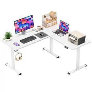 63 x 55 Inch L Shaped Standing Desk with 2 Preset Heights, Electric Height Adjustable Computer Table, 2 Hooks & Feet Balance, Corner Sit Stand Desk for Home Office (White, 63 x 55 Inch) 63 x 55 Inch L Shaped Standing Desk with 2 Preset Heights, Electric Height Adjustable Computer Table, 2 Hooks & Feet Balance, Corner Sit Stand Desk for Home Office (White, 63 x 55 Inch)