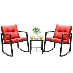 3 Piece Rocking Bistro Set Wicker Patio Outdoor Furniture Porch Chairs Conversation Sets with Glass Coffee Table (Red) 3 Piece Rocking Bistro Set Wicker Patio Outdoor Furniture Porch Chairs Conversation Sets with Glass Coffee Table (Red)