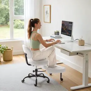 Ergonomic Criss Cross Legged Office Chair with Wheels, 360°Swivel Adjustable Height Kneeling Desk Chair with Footrest for ADHD, Yoga, Meditation, Home Office (Teddy Fabric, White) Ergonomic Criss Cross Legged Office Chair with Wheels, 360°Swivel Adjustable Height Kneeling Desk Chair with Footrest for ADHD, Yoga, Meditation, Home Office (Teddy Fabric, White)