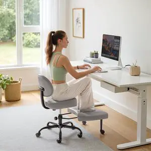 Ergonomic Criss Cross Legged Office Chair with Wheels, 360°Swivel Adjustable Height Kneeling Desk Chair with Footrest for ADHD, Yoga, Meditation, Home Office (Leather, Gray) Ergonomic Criss Cross Legged Office Chair with Wheels, 360°Swivel Adjustable Height Kneeling Desk Chair with Footrest for ADHD, Yoga, Meditation, Home Office (Leather, Gray)