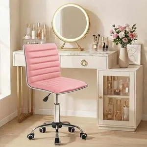 Armless Vanity Office Chair with Wheels, Small Cute Makeup Desk Chair Ribbed Leather Swivel Computer Task Chair (Pink) Armless Vanity Office Chair with Wheels, Small Cute Makeup Desk Chair Ribbed Leather Swivel Computer Task Chair (Pink)