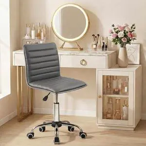 Armless Vanity Office Chair with Wheels, Small Cute Makeup Desk Chair Ribbed Leather Swivel Computer Task Chair (Gray) Armless Vanity Office Chair with Wheels, Small Cute Makeup Desk Chair Ribbed Leather Swivel Computer Task Chair (Gray)
