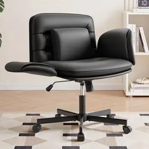 Ergonomic Criss Cross Legged Office Chair with 5-Way Adjustable Armrests, Leather Vanity Desk Chair with Lumbar Support for Home Office, Pet-Friendly Lounging (Black) Ergonomic Criss Cross Legged Office Chair with 5-Way Adjustable Armrests, Leather Vanity Desk Chair with Lumbar Support for Home Office, Pet-Friendly Lounging (Black)