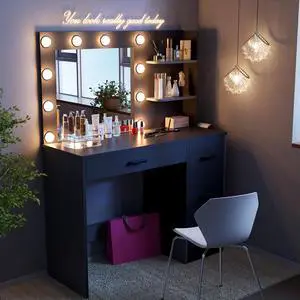 35.4" Vanity Desk with Mirror & Power Outlet, Makeup Vanity Table with 4 Large Drawers and 3 Storage Shelves, 3 Model Adjustable Lights for Bedroom & Dressing Room (Black) 35.4" Vanity Desk with Mirror & Power Outlet, Makeup Vanity Table with 4 Large Drawers and 3 Storage Shelves, 3 Model Adjustable Lights for Bedroom & Dressing Room (Black)