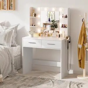 Makeup Vanity Desk with Mirror and Lights Power Outlet, Vanity Table Makeup Desk 2 Drawers, 6 Storage Shelves Hairdryer Holder & Bench Dressing Table for Bedroom (White, No Bench) Makeup Vanity Desk with Mirror and Lights Power Outlet, Vanity Table Makeup Desk 2 Drawers, 6 Storage Shelves Hairdryer Holder & Bench Dressing Table for Bedroom (White, No Bench)