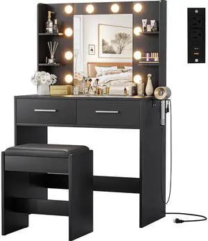 Makeup Vanity Desk with Mirror and Lights Power Outlet, Vanity Table Makeup Desk 2 Drawers, 6 Storage Shelves Hairdryer Holder & Bench Dressing Table for Bedroom (Black, with Bench) Makeup Vanity Desk with Mirror and Lights Power Outlet, Vanity Table Makeup Desk 2 Drawers, 6 Storage Shelves Hairdryer Holder & Bench Dressing Table for Bedroom (Black, with Bench)
