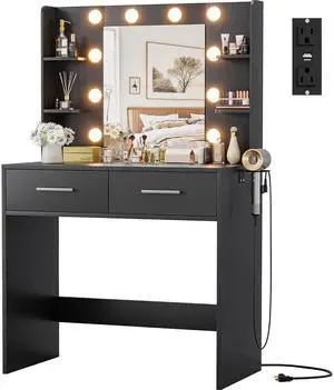 Makeup Vanity Desk with Mirror and Lights Power Outlet, Vanity Table Makeup Desk 2 Drawers, 6 Storage Shelves Hairdryer Holder & Bench Dressing Table for Bedroom (Black, No Bench) Makeup Vanity Desk with Mirror and Lights Power Outlet, Vanity Table Makeup Desk 2 Drawers, 6 Storage Shelves Hairdryer Holder & Bench Dressing Table for Bedroom (Black, No Bench)