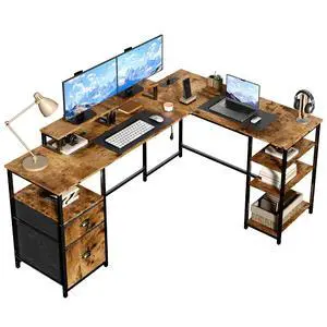 L-Shaped Office Desk with Power Outlets and Monitor Stands, 65 inch Corner Desk with Fabric Drawers and Open Shelves, Computer Desk for Home Office and Gaming (Rustic Brown) L-Shaped Office Desk with Power Outlets and Monitor Stands, 65 inch Corner Desk with Fabric Drawers and Open Shelves, Computer Desk for Home Office and Gaming (Rustic Brown)