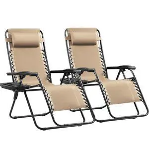 Set of 2 Zero Gravity Lounge Chairs, Outdoor Folding Adjustable Steel Mesh Recliner Chairs with Cup Holder & Removable Pillow for Patio Garden Lawn Beach (Beige) Set of 2 Zero Gravity Lounge Chairs, Outdoor Folding Adjustable Steel Mesh Recliner Chairs with Cup Holder & Removable Pillow for Patio Garden Lawn Beach (Beige)
