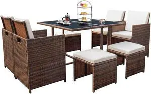 9 Pieces Patio Dining Sets Outdoor Space Saving Rattan Chairs with Glass Table Patio Furniture Sets Cushioned Seating and Back Sectional Conversation Set (Beige) 9 Pieces Patio Dining Sets Outdoor Space Saving Rattan Chairs with Glass Table Patio Furniture Sets Cushioned Seating and Back Sectional Conversation Set (Beige)