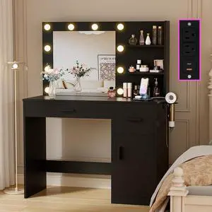 35.4" Vanity Desk with Mirror and Lights - LED Makeup Vanity Table with Charging Station, 3 Color Adjustable Lights, 3 Drawers & Large Cabinet with Shelves for Bedroom Dressing Room (Black) 35.4" Vanity Desk with Mirror and Lights - LED Makeup Vanity Table with Charging Station, 3 Color Adjustable Lights, 3 Drawers & Large Cabinet with Shelves for Bedroom Dressing Room (Black)