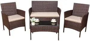 4 Pieces Outdoor Patio Furniture Set, PE Rattan Wicker Chairs Balcony Lawn Porch Patio Furniture Sets with Beige Cushion and Table (Brown) 4 Pieces Outdoor Patio Furniture Set, PE Rattan Wicker Chairs Balcony Lawn Porch Patio Furniture Sets with Beige Cushion and Table (Brown)