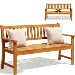 Outdoor Bench, 2-Person Garden Bench, Patio Wood Bench Outdoor Loveseat with Pull-Out Center Table for Backyard, Balcony and Patio and Garden (Log Color) Outdoor Bench, 2-Person Garden Bench, Patio Wood Bench Outdoor Loveseat with Pull-Out Center Table for Backyard, Balcony and Patio and Garden (Log Color)