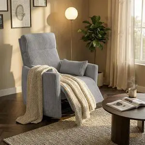 360° Swivel Recliner Chair, Comfy Corduroy Fabric Nursery Rocking Chair with Vibration Massage, Manual Glider Nursing Chair with Side Pockets and 2 Pillows for Living Room Nursery (Dark Gray) 360° Swivel Recliner Chair, Comfy Corduroy Fabric Nursery Rocking Chair with Vibration Massage, Manual Glider Nursing Chair with Side Pockets and 2 Pillows for Living Room Nursery (Dark Gray)