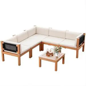 Outdoor Sectional Couch 6 Pieces Patio Sectional Sofa with Acacia Wood Coffee Table, Outdoor L-Shaped Couch with All-Weather Cushion for Patio,Deck,Backyard(White) Outdoor Sectional Couch 6 Pieces Patio Sectional Sofa with Acacia Wood Coffee Table, Outdoor L-Shaped Couch with All-Weather Cushion for Patio,Deck,Backyard(White)