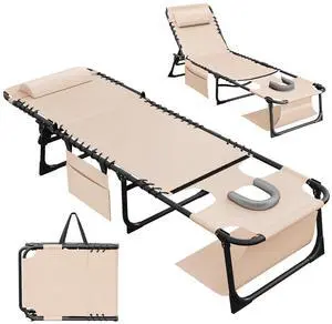 Beach Lounge Chair, Outdoor Sun Tanning Chair with Face Hole, Heavy Duty Folding Portable Lay Chaise Lounge Chairs for Outside Beach Pool Camping Patio, Beige Beach Lounge Chair, Outdoor Sun Tanning Chair with Face Hole, Heavy Duty Folding Portable Lay Chaise Lounge Chairs for Outside Beach Pool Camping Patio, Beige