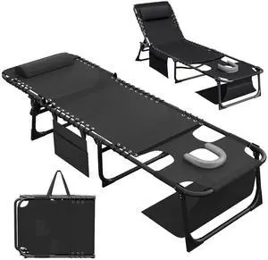 Beach Lounge Chair, Outdoor Sun Tanning Chair with Face Hole, Heavy Duty Folding Portable Lay Chaise Lounge Chairs for Outside Beach Pool Camping Patio, Black Beach Lounge Chair, Outdoor Sun Tanning Chair with Face Hole, Heavy Duty Folding Portable Lay Chaise Lounge Chairs for Outside Beach Pool Camping Patio, Black